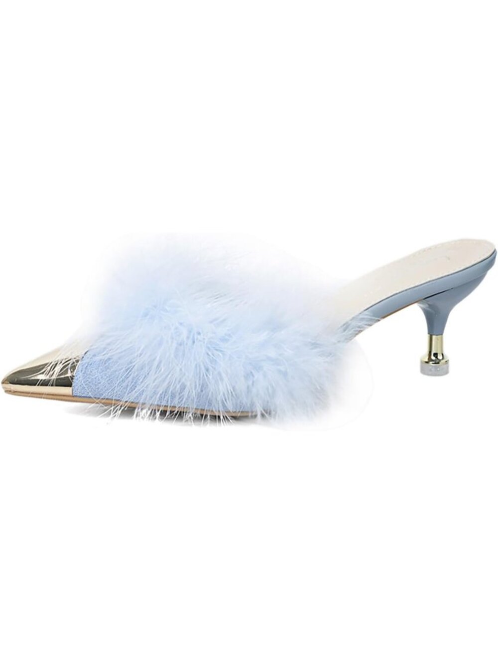 Women's Blue 1 Fluffy Feather High Heel Mules Slip-On Comfortable Pinted